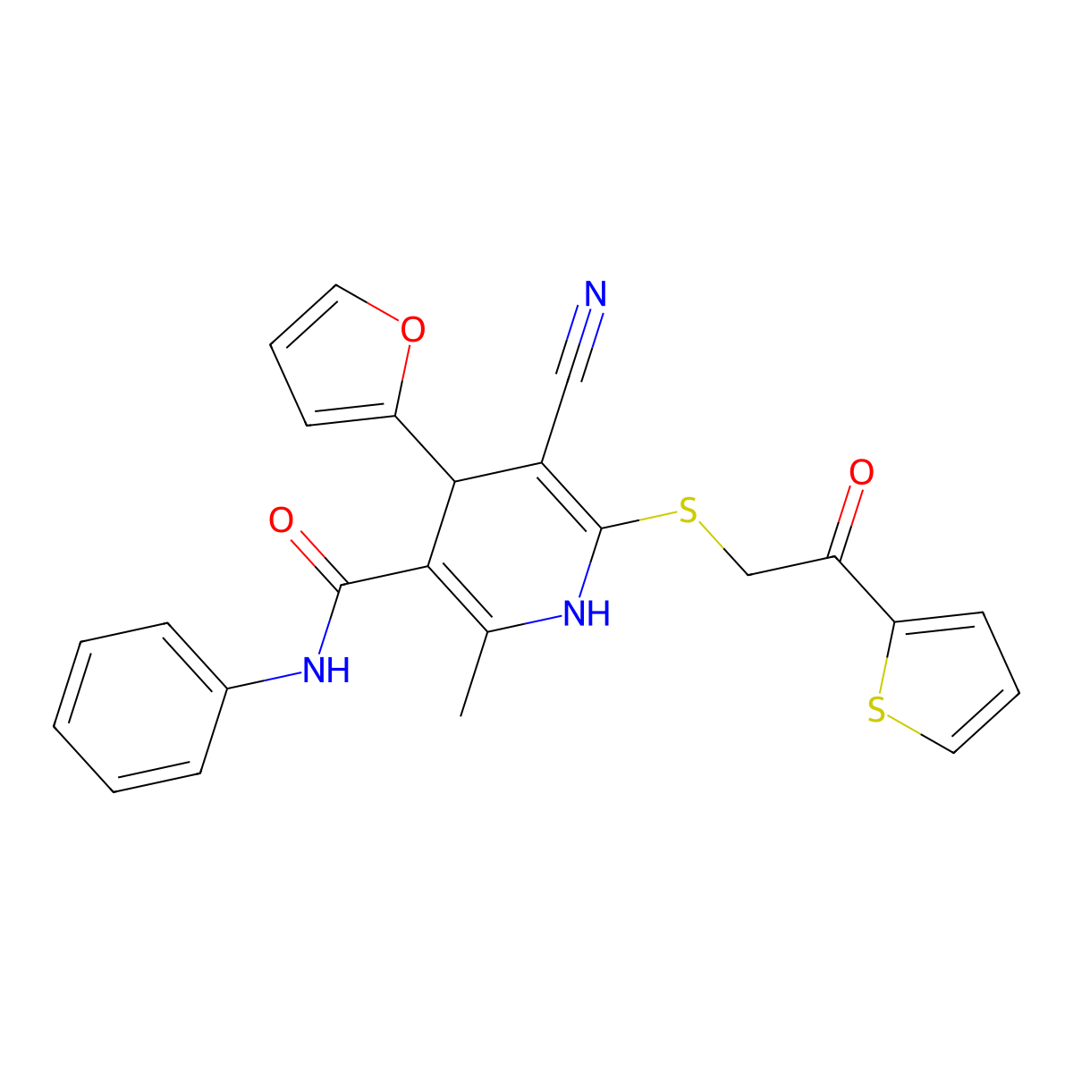 5-cyano-4-(furan-2-yl)-2-methyl-6-(2-oxo-2-thiophen-2-ylethyl)sulfanyl-N-phenyl-1,4-dihydropyridine-3-carboxamide molecular structure, CAS 223110-56-3