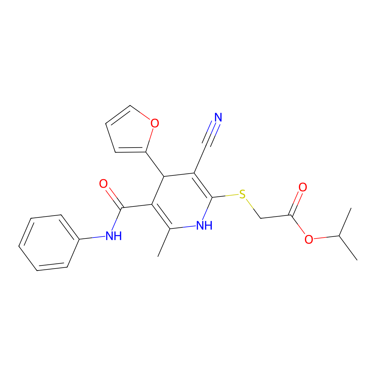 Isopropyl 2-((3-cyano-4-(furan-2-yl)-6-methyl-5-(phenylcarbamoyl)-1,4-dihydropyridin-2-yl)thio)acetate molecular structure, CAS 223110-97-2