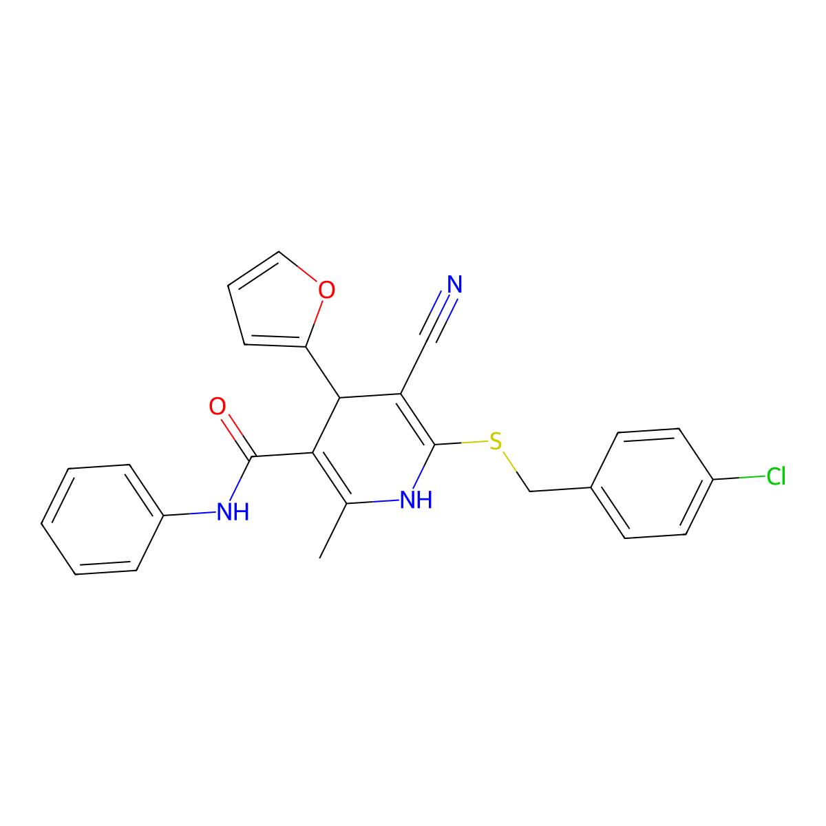 6-((4-chlorobenzyl)thio)-5-cyano-4-(furan-2-yl)-2-methyl-N-phenyl-1,4-dihydropyridine-3-carboxamide molecular structure, CAS 223111-04-4