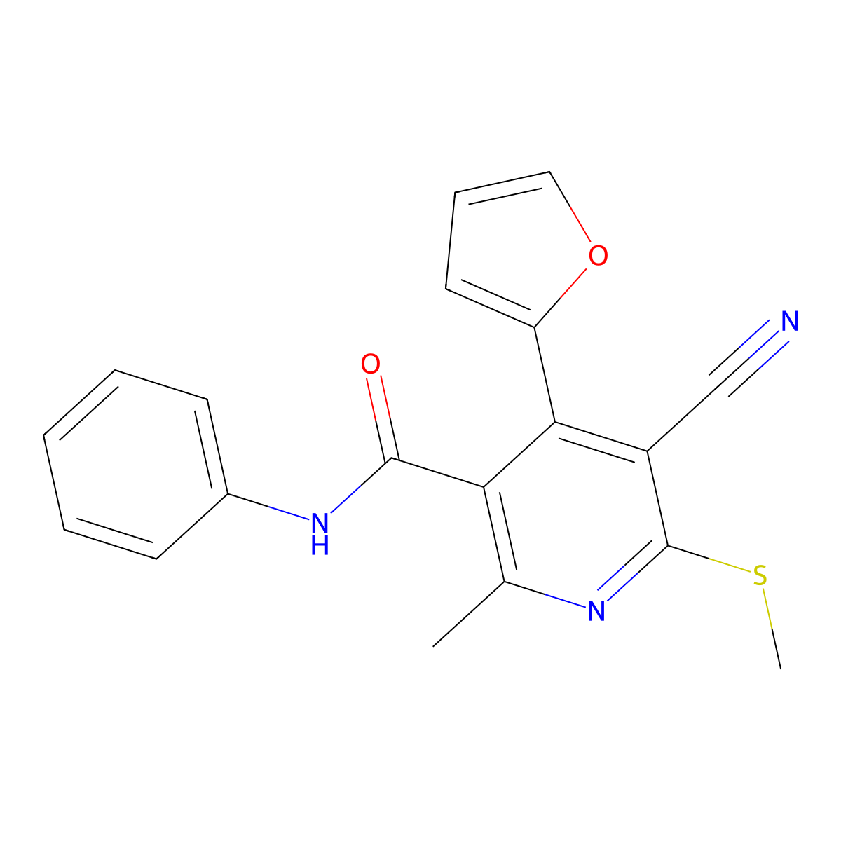 5-cyano-4-(furan-2-yl)-2-methyl-6-methylsulfanyl-N-phenylpyridine-3-carboxamide molecular structure, CAS 223111-71-5