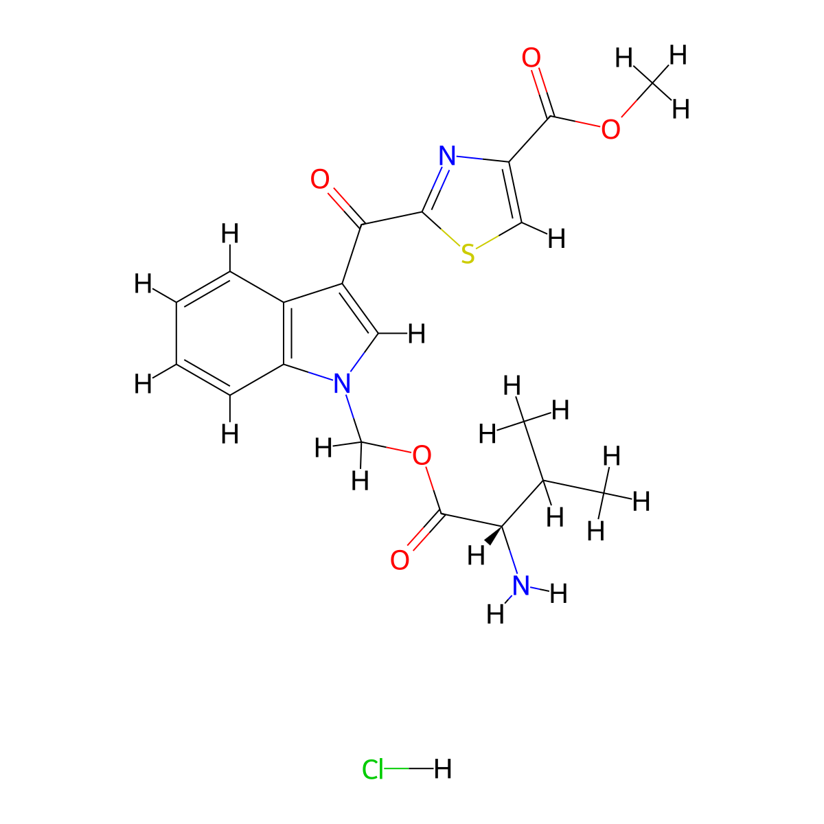 Methyl 2-(1-(((l-valyl)oxy)methyl)-1H-indole-3-carbonyl)thiazole-4-carboxylate hydrochloride molecular structure, CAS 2231344-16-2