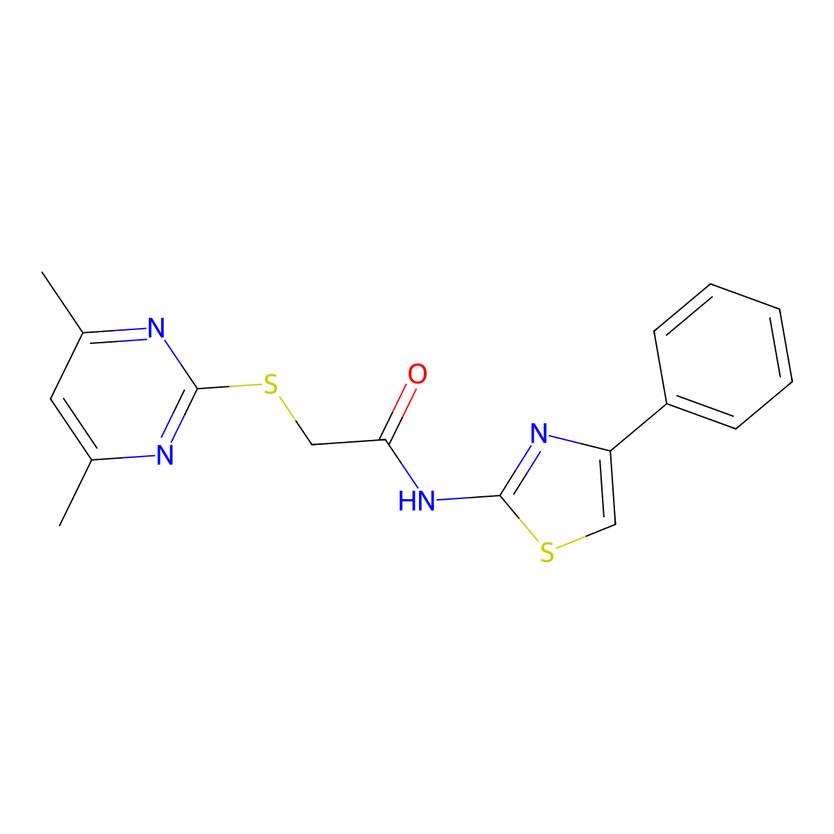 2-(4,6-dimethylpyrimidin-2-yl)sulfanyl-N-(4-phenyl-1,3-thiazol-2-yl)acetamide molecular structure, CAS 223485-59-4