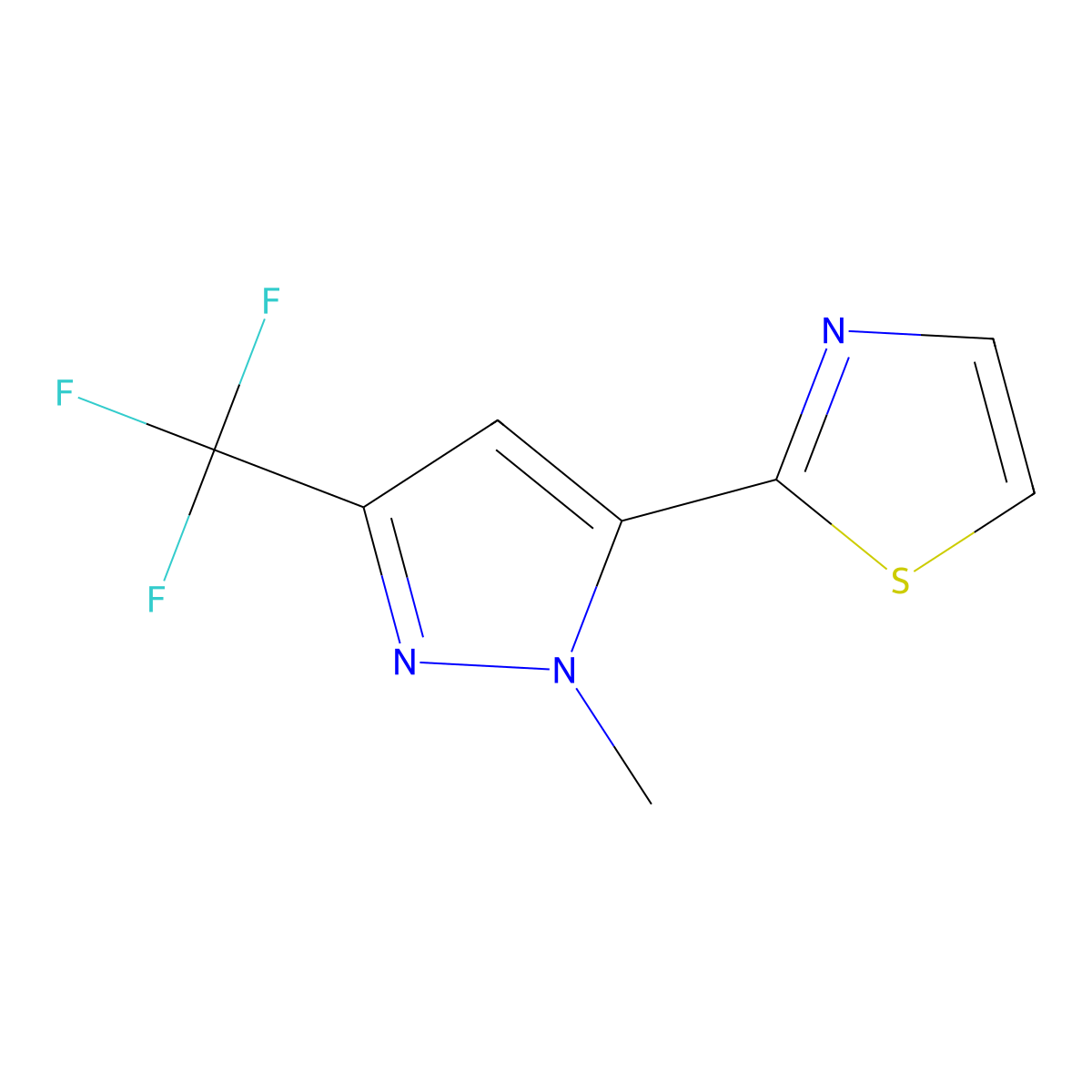 2-(1-Methyl-3-(trifluoromethyl)-1H-pyrazol-5-YL)thiazole molecular structure, CAS 223499-08-9