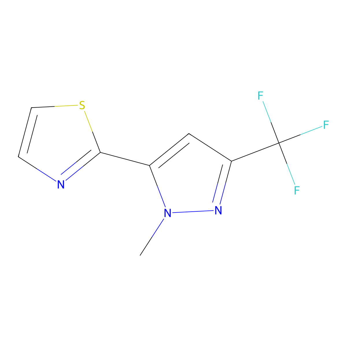 2-(1-Methyl-3-(trifluoromethyl)-1H-pyrazol-5-YL)thiazole molecular structure, CAS 223499-08-9