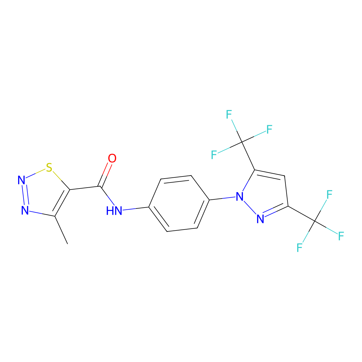 4-methyl-4'-(3,5-bis(trifluoromethyl)-1H-pyrazol-1-yl)-1,2,3-thiadiazole-5-carboxanilide molecular structure, CAS 223499-30-7