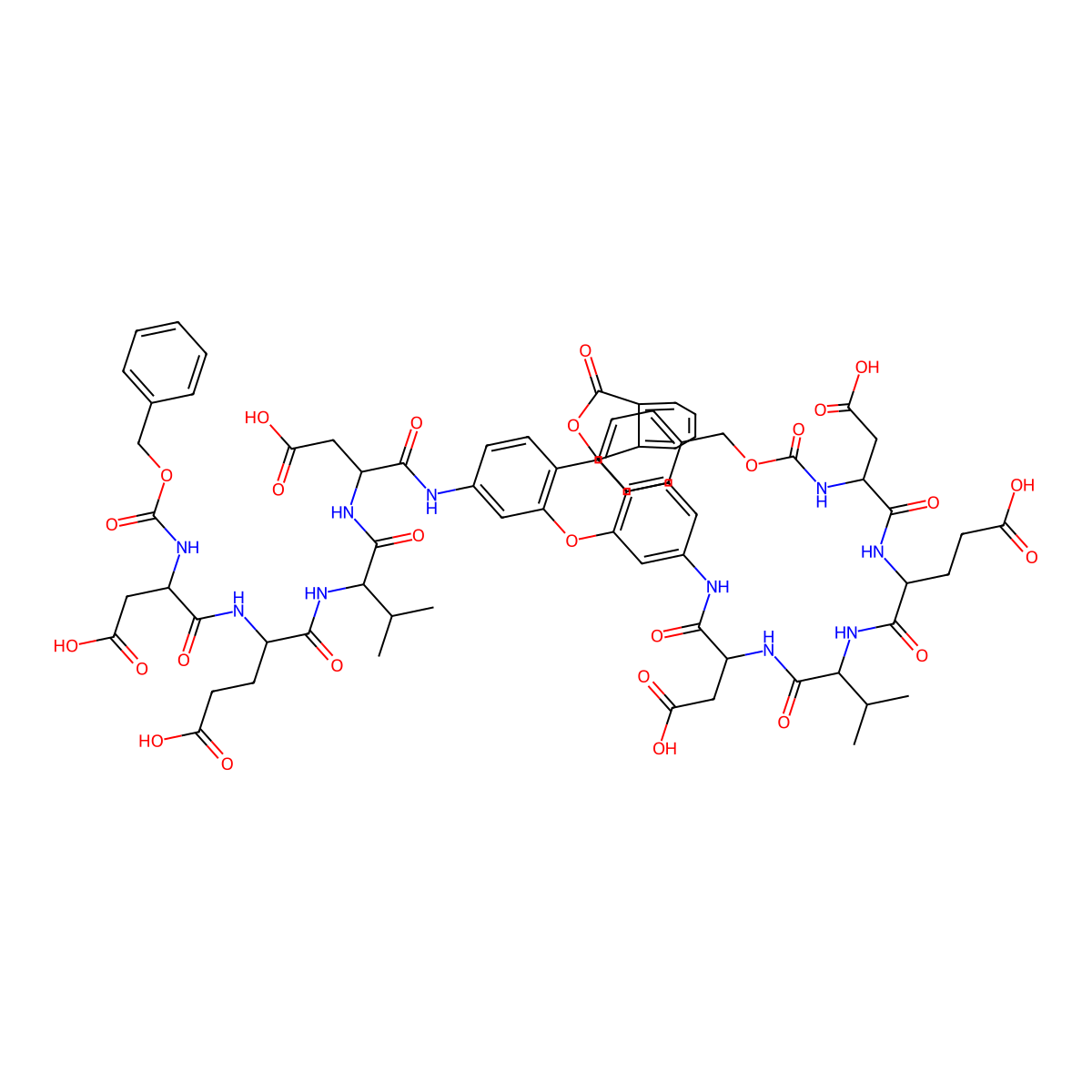 5-[[1-[[3-Carboxy-1-[[6'-[[3-carboxy-2-[[2-[[4-carboxy-2-[[3-carboxy-2-(phenylmethoxycarbonylamino)propanoyl]amino]butanoyl]amino]-3-methylbutanoyl]amino]propanoyl]amino]-3-oxospiro[2-benzofuran-1,9'-xanthene]-3'-yl]amino]-1-oxopropan-2-yl]amino]-3-methyl-1-oxobutan-2-yl]amino]-4-[[3-carboxy-2-(phenylmethoxycarbonylamino)propanoyl]amino]-5-oxopentanoic acid molecular structure, CAS 223538-61-2