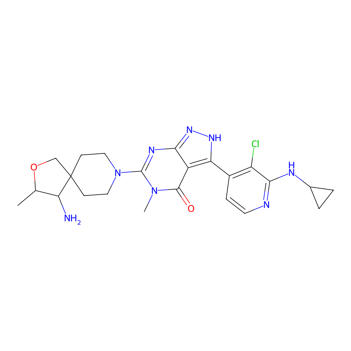 6-((3S,4S)-4-Amino-3-methyl-2-oxa-8-azaspiro[4.5]decan-8-yl)-3-(3-chloro-2-(cyclopropylamino)pyridin-4-yl)-5-methyl-2,5-dihydro-4H-pyrazolo[3,4-d]pyrimidin-4-one molecular structure, CAS 2235394-90-6