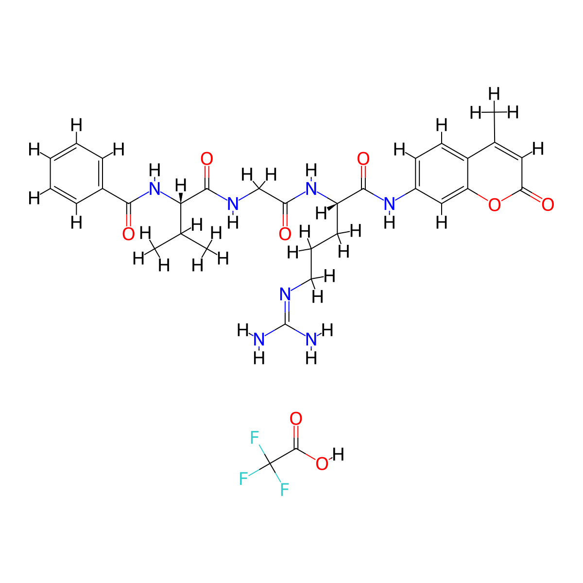 N-((S)-1-((2-(((S)-5-Guanidino-1-((4-methyl-2-oxo-2H-chromen-7-yl)amino)-1-oxopentan-2-yl)amino)-2-oxoethyl)amino)-3-methyl-1-oxobutan-2-yl)benzamide 2,2,2-trifluoroacetate molecular structure, CAS 2237216-34-9