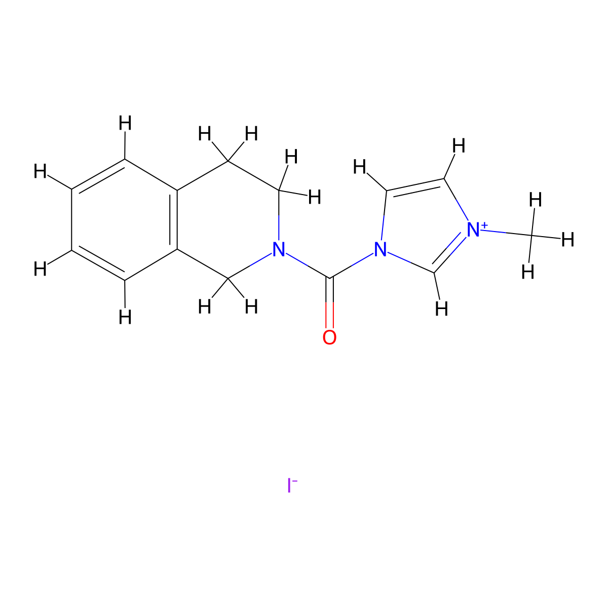 3-methyl-1-(1,2,3,4-tetrahydroisoquinoline-2-carbonyl)-1H-imidazol-3-ium iodide molecular structure, CAS 223762-23-0