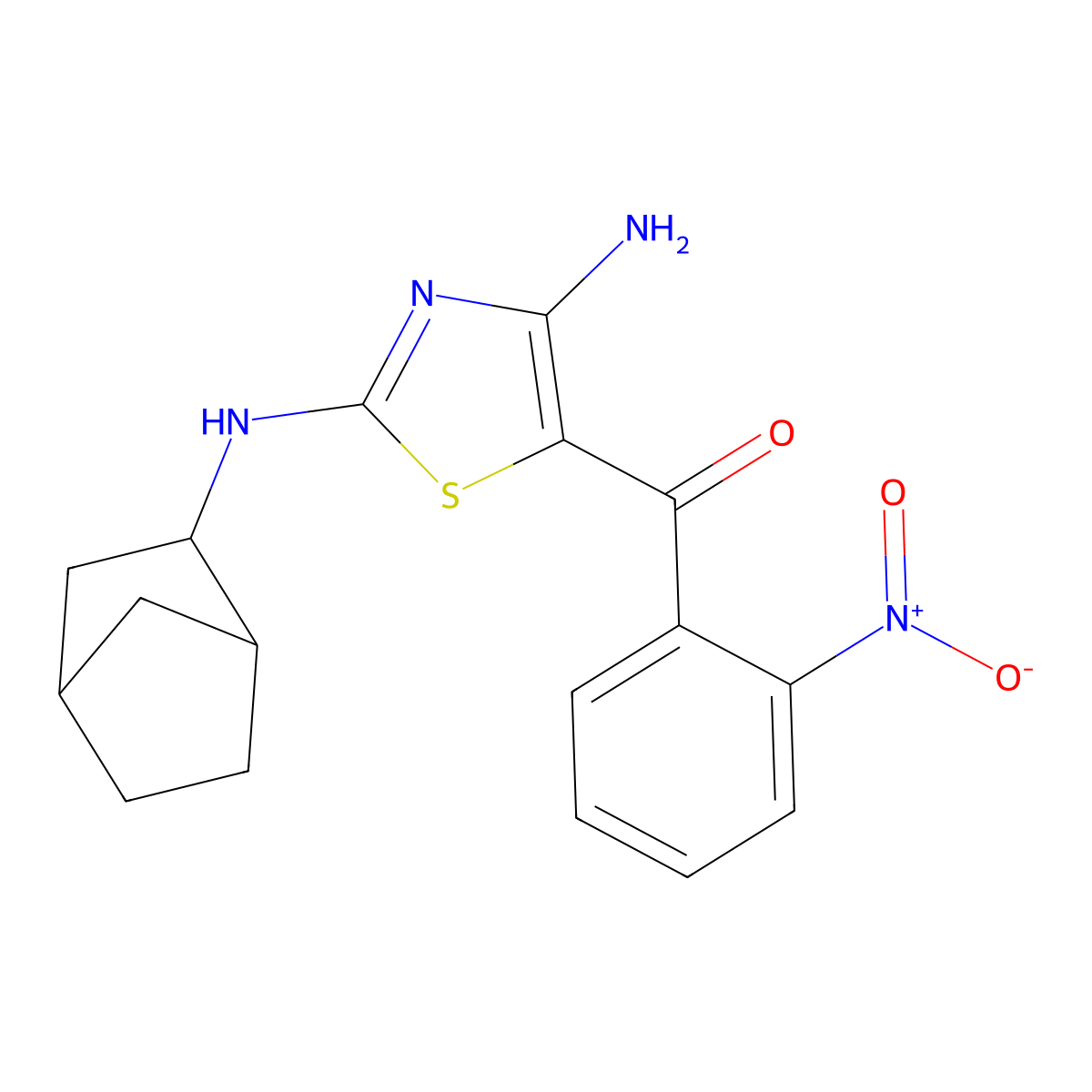 Methanone, (4-amino-2-((1R,2R,4S)-bicyclo(2.2.1)hept-2-ylamino)-5-thiazolyl)(2-nitrophenyl)-, rel- molecular structure, CAS 2237942-08-2