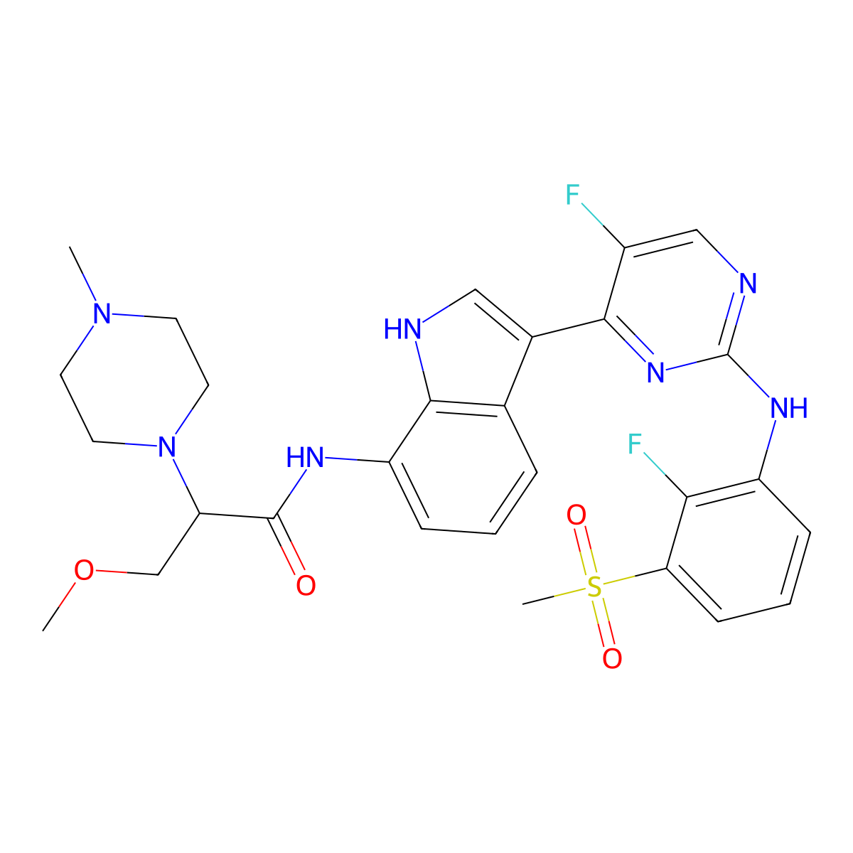 (S)-N-(3-(5-Fluoro-2-((2-fluoro-3-(methylsulfonyl)phenyl)amino)pyrimidin-4-yl)-1H-indol-7-yl)-3-methoxy-2-(4-methylpiperazin-1-yl)propanamide molecular structure, CAS 2241039-80-3