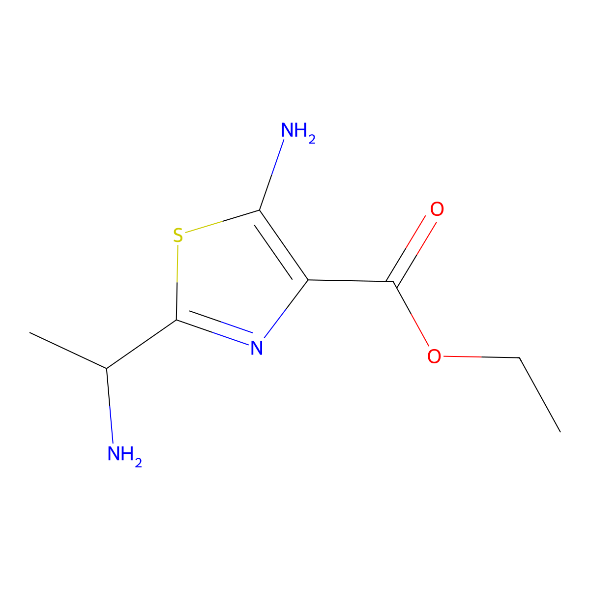 Ethyl 5-amino-2-(1-aminoethyl)-1,3-thiazole-4-carboxylate molecular structure, CAS 2241128-28-7