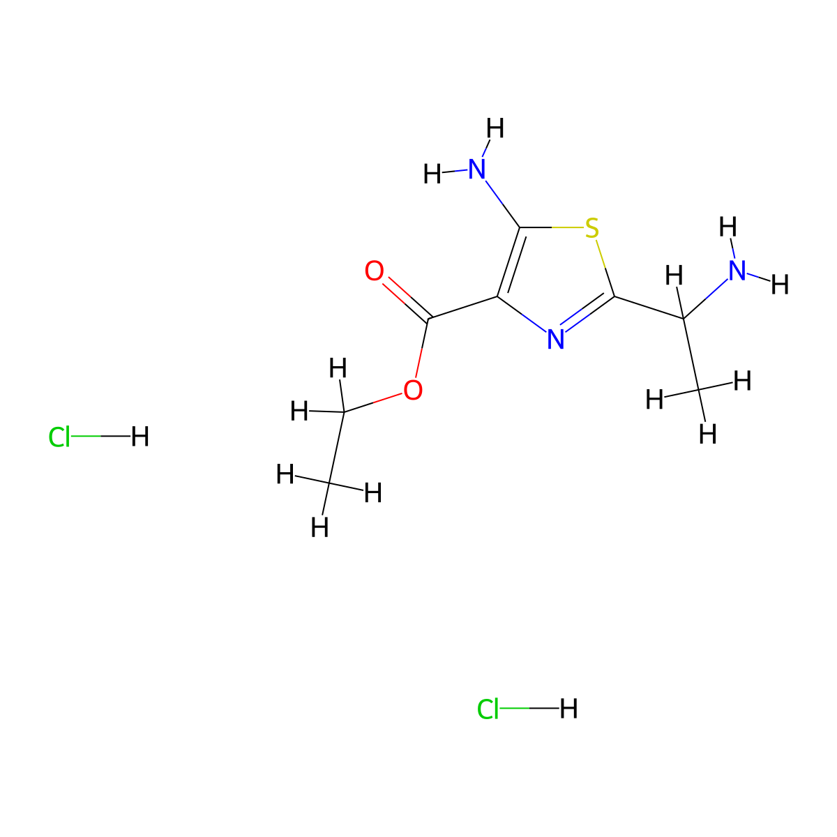 Ethyl 5-amino-2-(1-aminoethyl)-1,3-thiazole-4-carboxylate dihydrochloride molecular structure, CAS 2241128-29-8