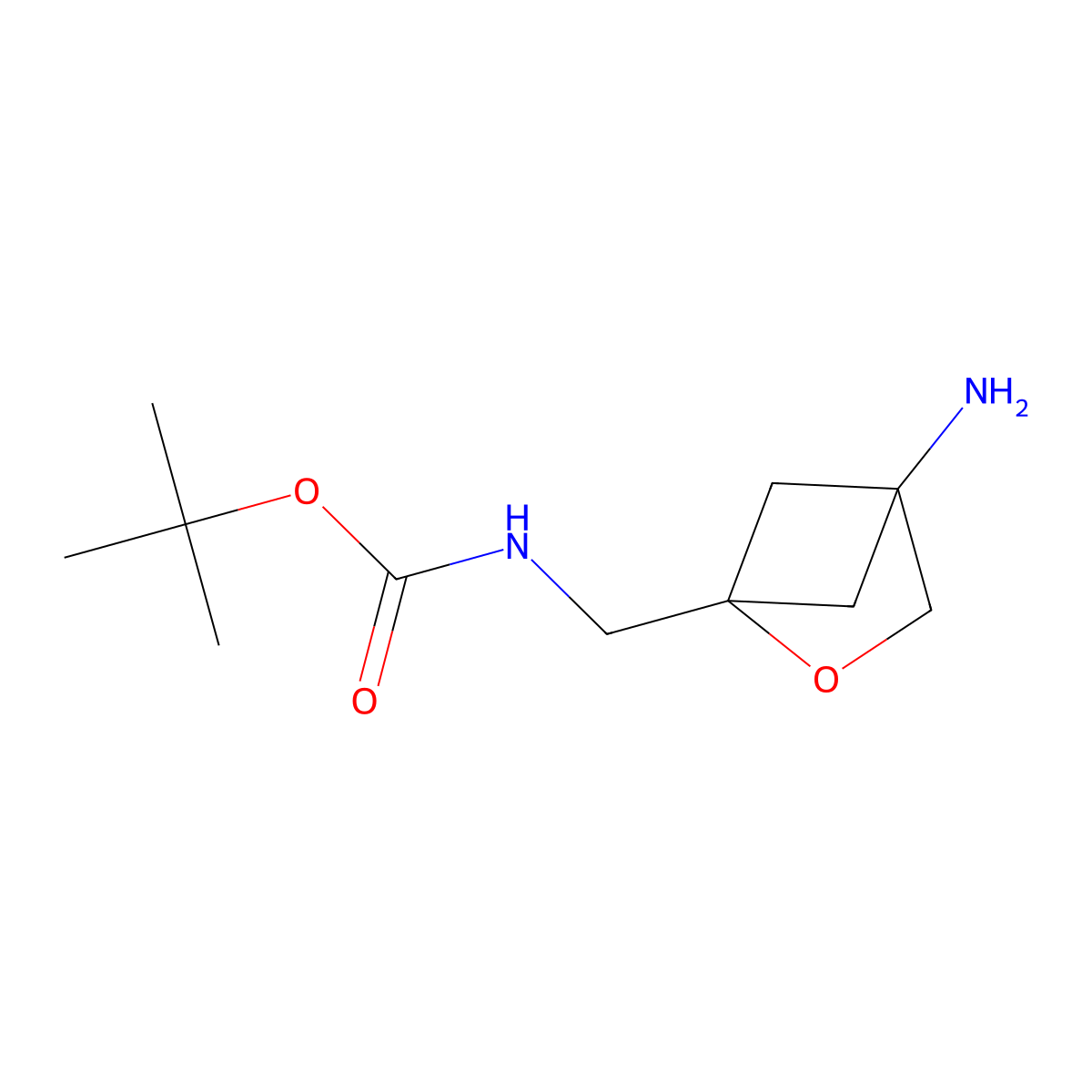 tert-butyl N-((4-amino-2-oxabicyclo(2.1.1)hexan-1-yl)methyl)carbamate molecular structure, CAS 2241138-06-5