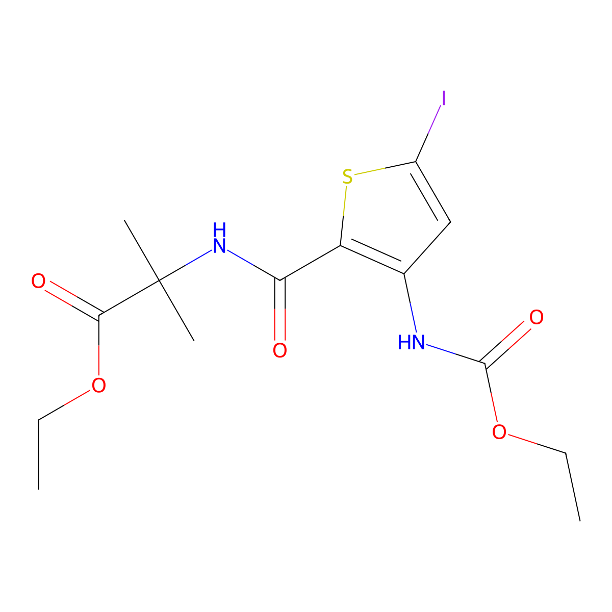 Ethyl 2-({3-[(ethoxycarbonyl)amino]-5-iodothiophen-2-yl}formamido)-2-methylpropanoate molecular structure, CAS 2241138-78-1