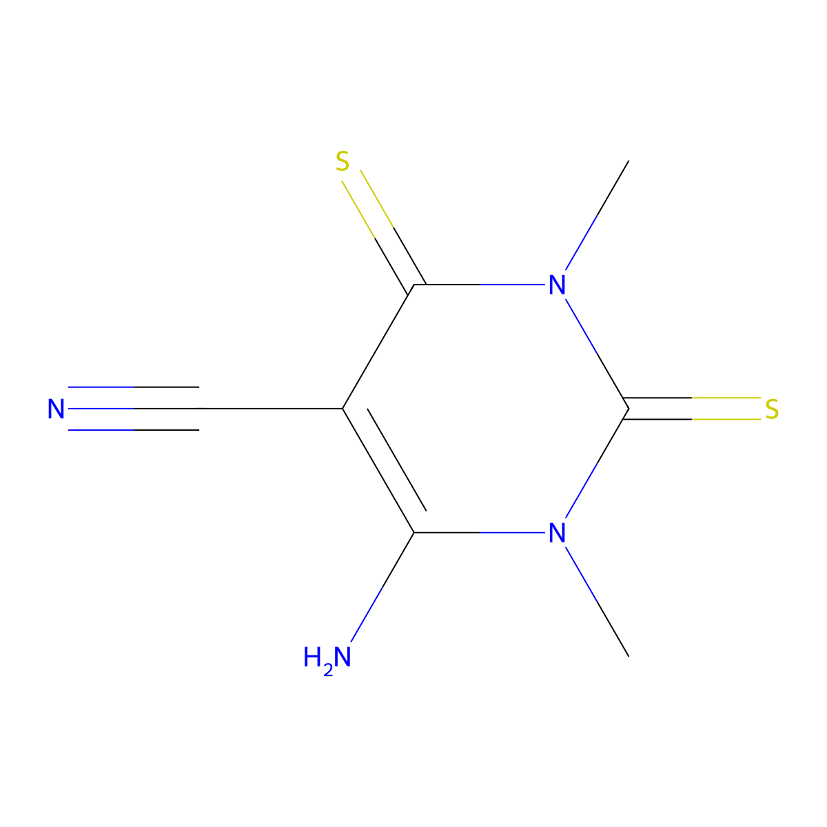 6-Amino-1,3-dimethyl-2,4-disulfanylidene-1,2,3,4-tetrahydropyrimidine-5-carbonitrile molecular structure, CAS 2241139-79-5