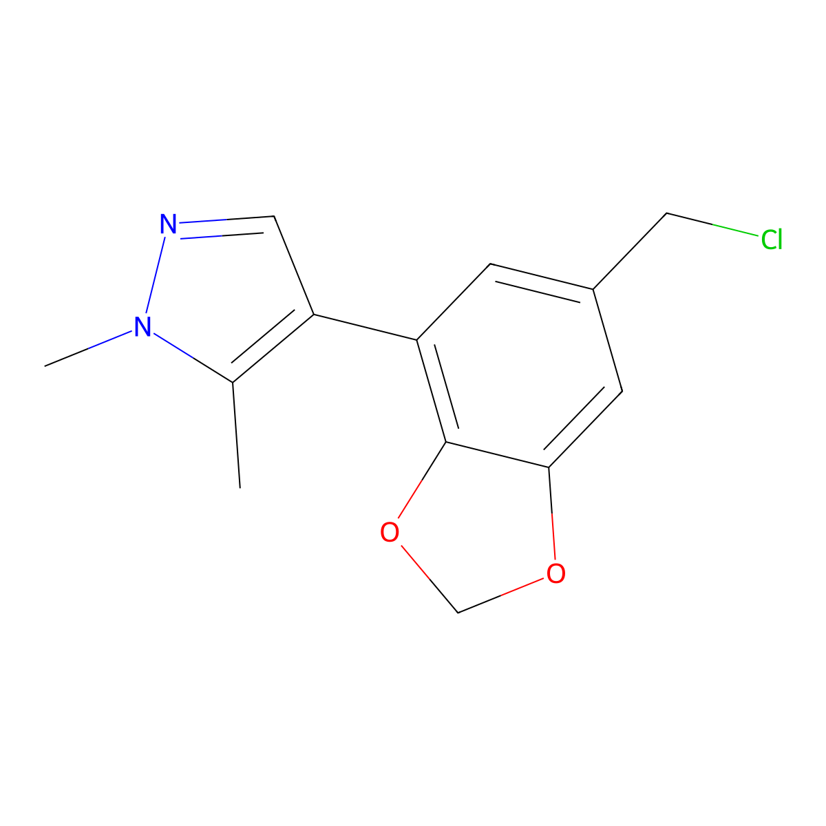 4-[6-(chloromethyl)-1,3-dioxaindan-4-yl]-1,5-dimethyl-1H-pyrazole molecular structure, CAS 2241140-29-2