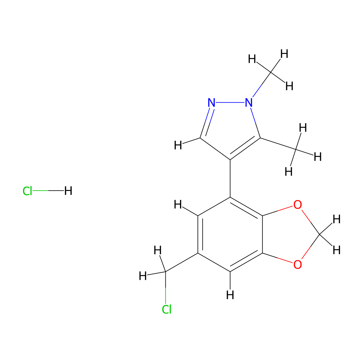 4-[6-(chloromethyl)-1,3-dioxaindan-4-yl]-1,5-dimethyl-1H-pyrazole hydrochloride molecular structure, CAS 2241140-30-5