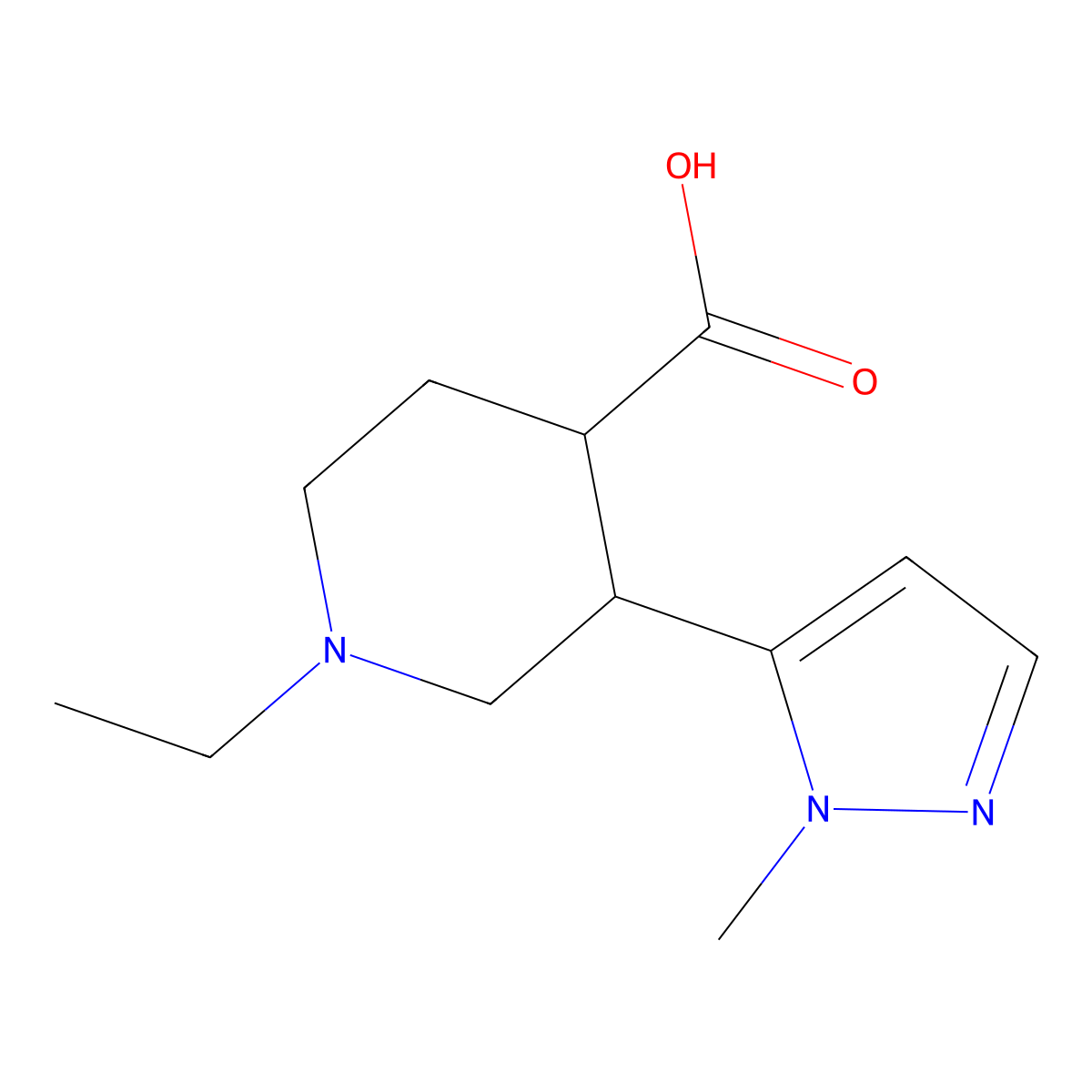 1-ethyl-3-(1-methyl-1H-pyrazol-5-yl)piperidine-4-carboxylic acid molecular structure, CAS 2241140-93-0