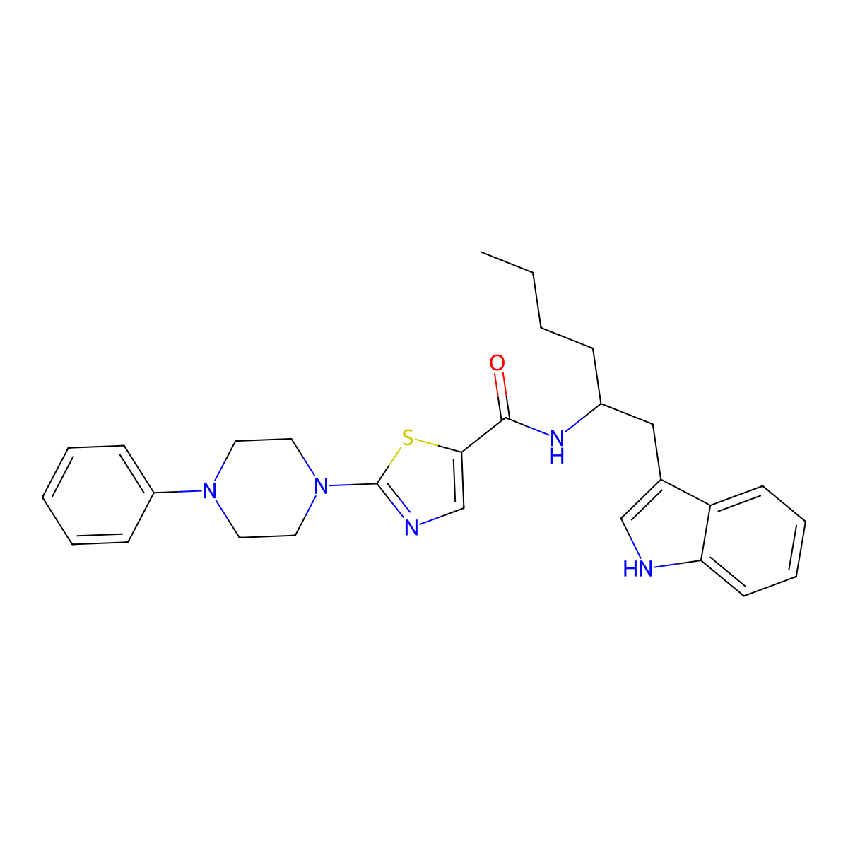 N-[1-(1H-indol-3-ylmethyl)pentyl]-2-(4-phenylpiperazin-1-yl)thiazole-5-carboxamide molecular structure, CAS 2241214-52-6