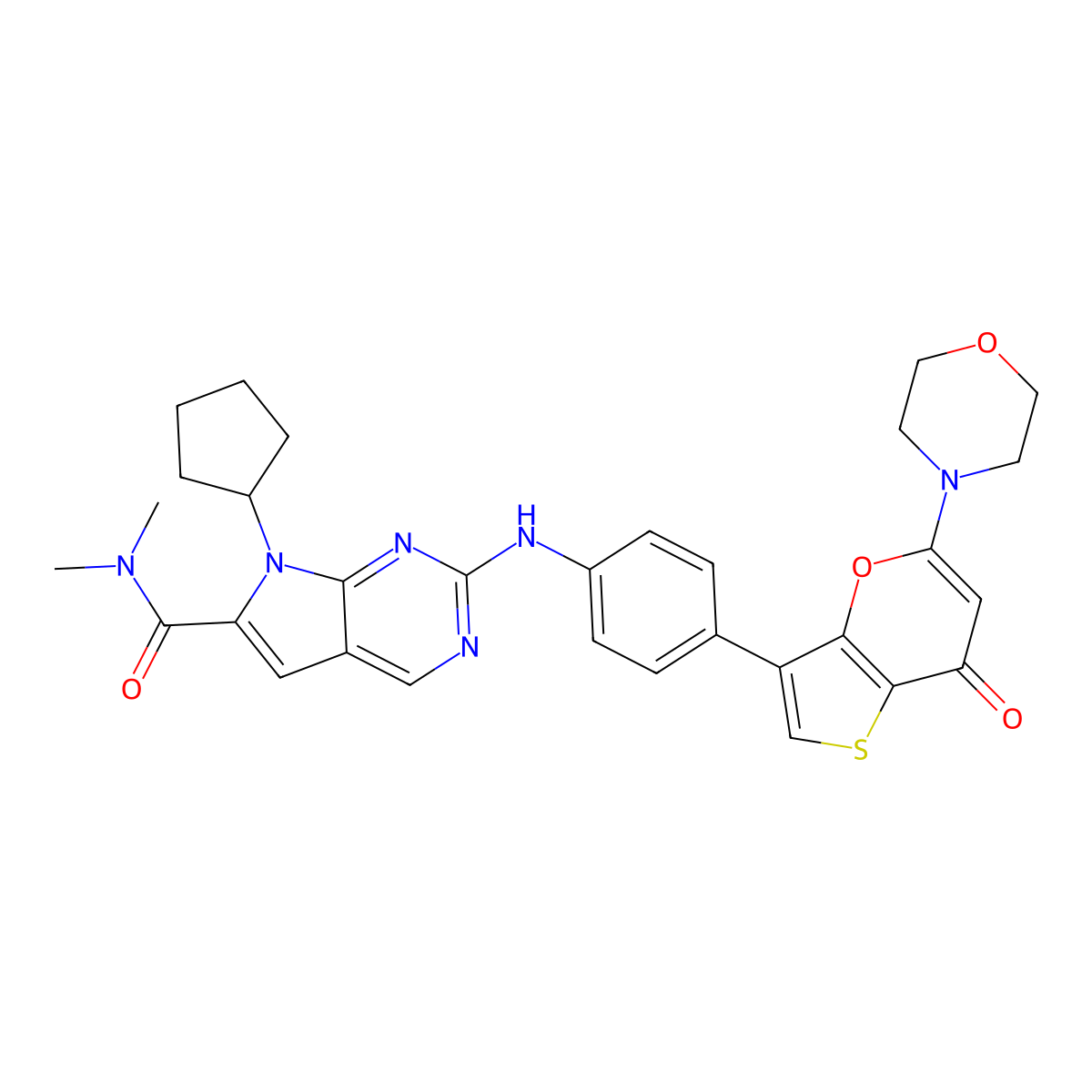 7-cyclopentyl-N,N-dimethyl-2-((4-(5-morpholino-7-oxo-7H-thieno[3,2-b]pyran-3-yl)phenyl)amino)-7H-pyrrolo[2,3-d]pyrimidine-6-carboxamide molecular structure, CAS 2241237-51-2