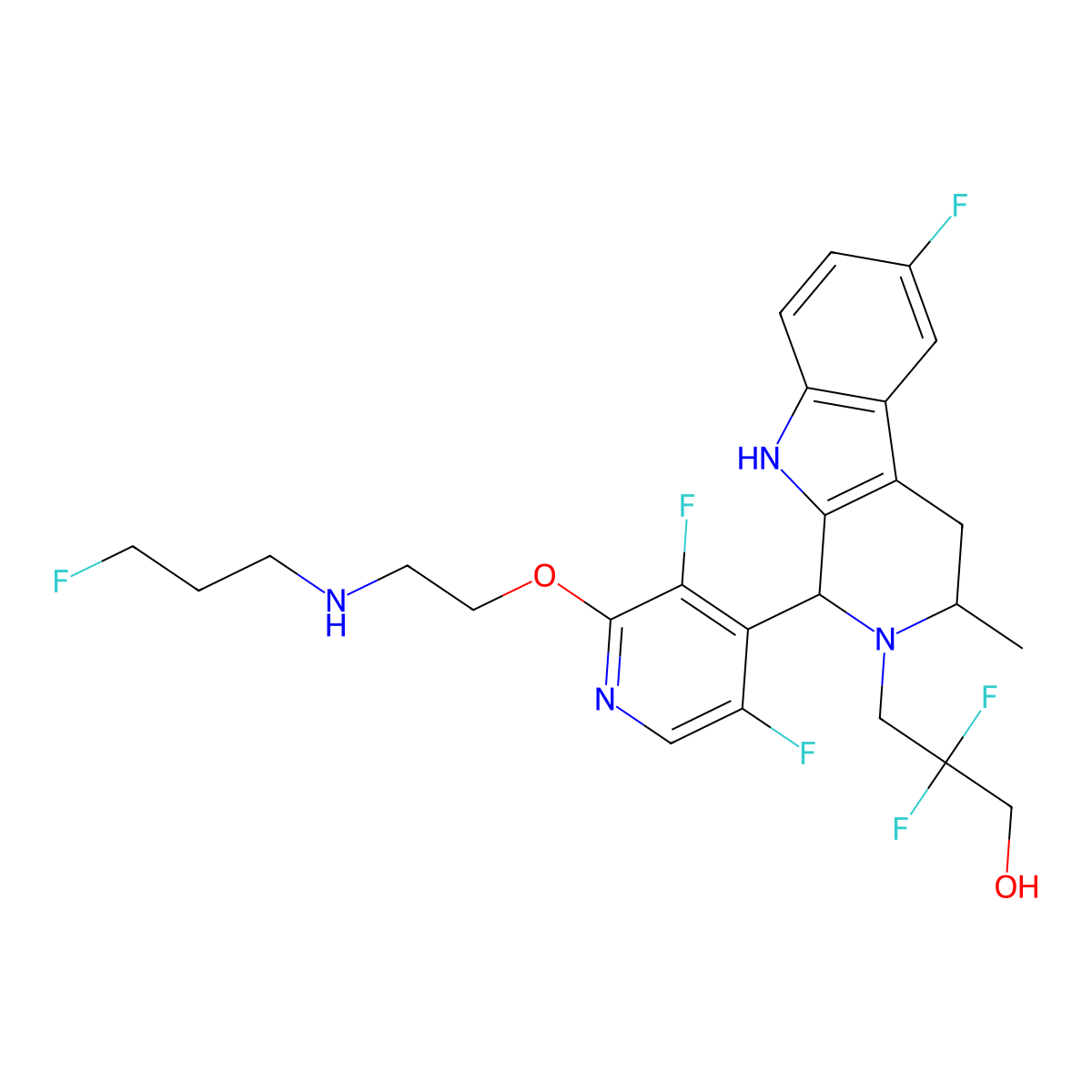 3-((1R,3R)-1-(3,5-difluoro-2-(2-((3-fluoropropyl)amino)ethoxy)pyridin-4-yl)-6-fluoro-3-methyl-3,4-dihydro-1H-pyrido[3,4-b]indol-2(9H)-yl)-2,2-difluoropropan-1-ol molecular structure, CAS 2241358-25-6
