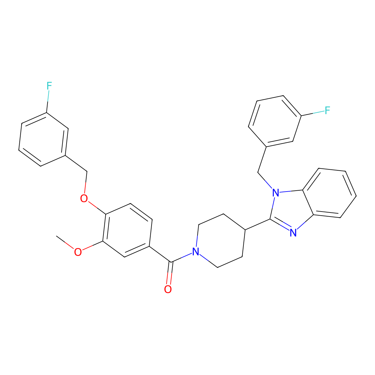(4-(1-(3-Fluorobenzyl)-1H-benzo[d]imidazol-2-yl)piperidin-1-yl)(4-((3-fluorobenzyl)oxy)-3-methoxyphenyl)methanone molecular structure, CAS 2241651-99-8
