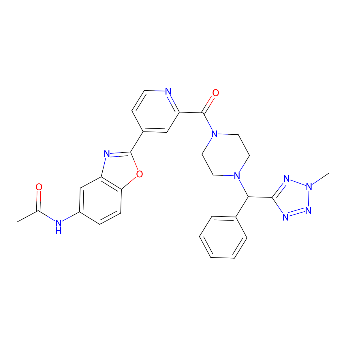N-[2-(2-{4-[(R)-(2-methyl-2H-tetrazol-5-yl)(phenyl)methyl]piperazine-1-carbonyl}pyridin-4-yl)-1,3-benzoxazol-5-yl]acetamide molecular structure, CAS 2241664-16-2