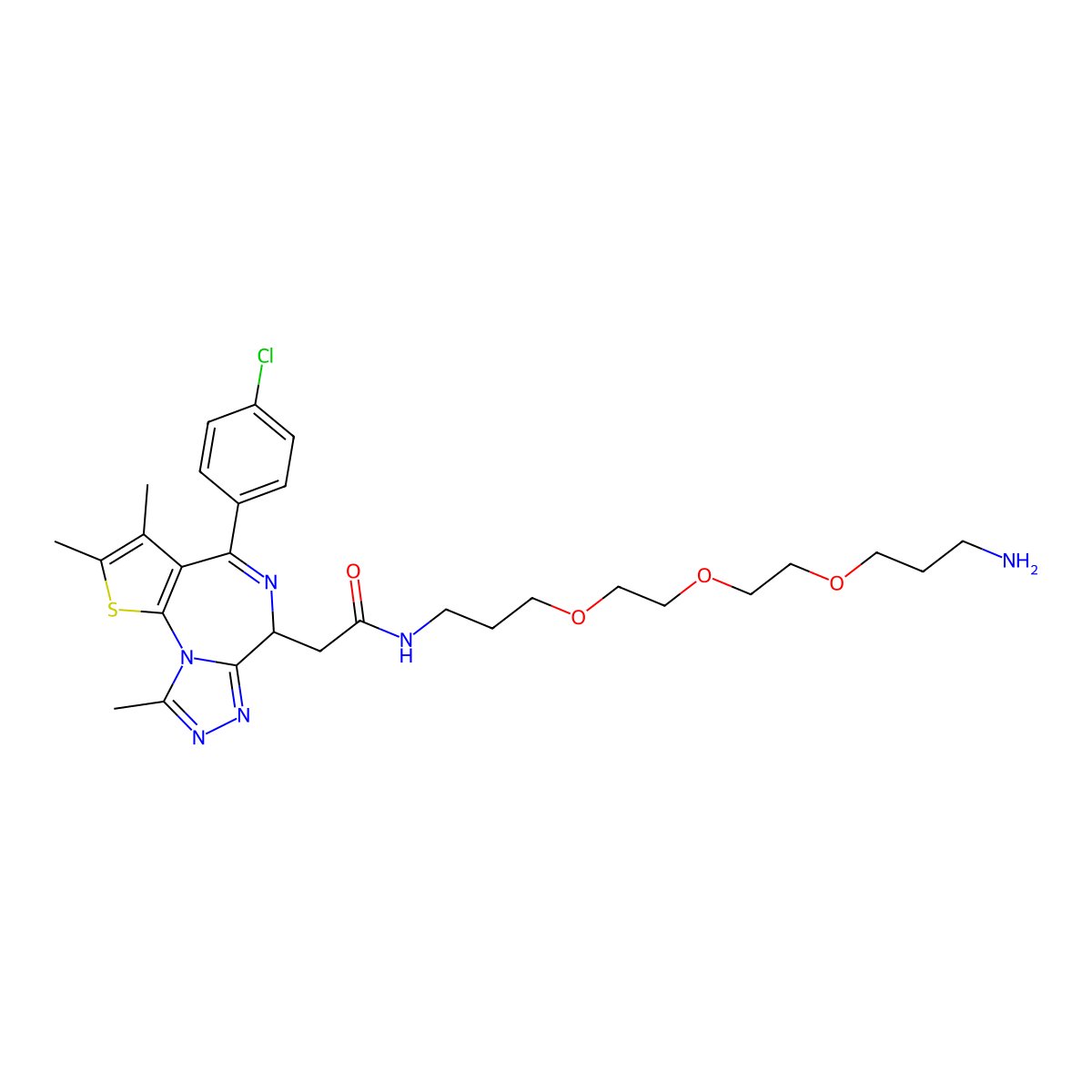 (S)-N-(3-(2-(2-(3-aminopropoxy)ethoxy)ethoxy)propyl)-2-(4-(4-chlorophenyl)-2,3,9-trimethyl-6H-thieno[3,2-f][1,2,4]triazolo[4,3-a][1,4]diazepin-6-yl)acetamide molecular structure, CAS 2241669-82-7