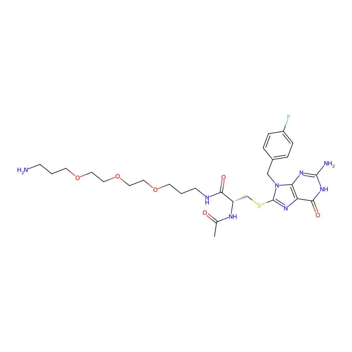 FBnG-(Cys-acetamide)-CH2-PEG3-CH2-CH2-CH2-NH2 molecular structure, CAS 2241669-84-9