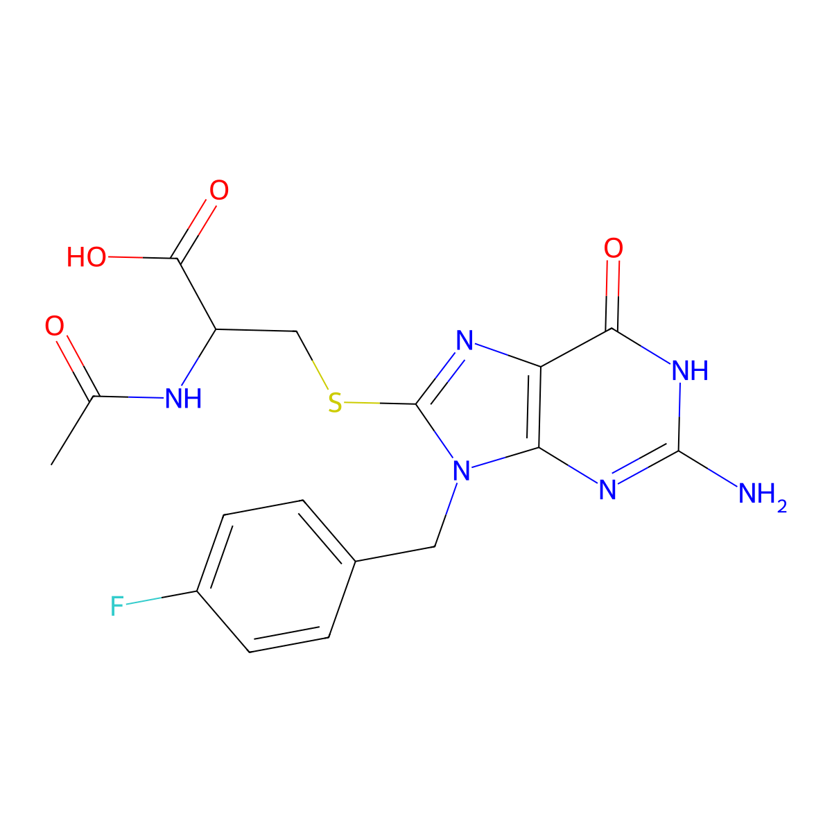 (2R)-2-acetamido-3-[[2-amino-9-[(4-fluorophenyl)methyl]-6-oxo-1H-purin-8-yl]sulfanyl]propanoic acid molecular structure, CAS 2241669-86-1