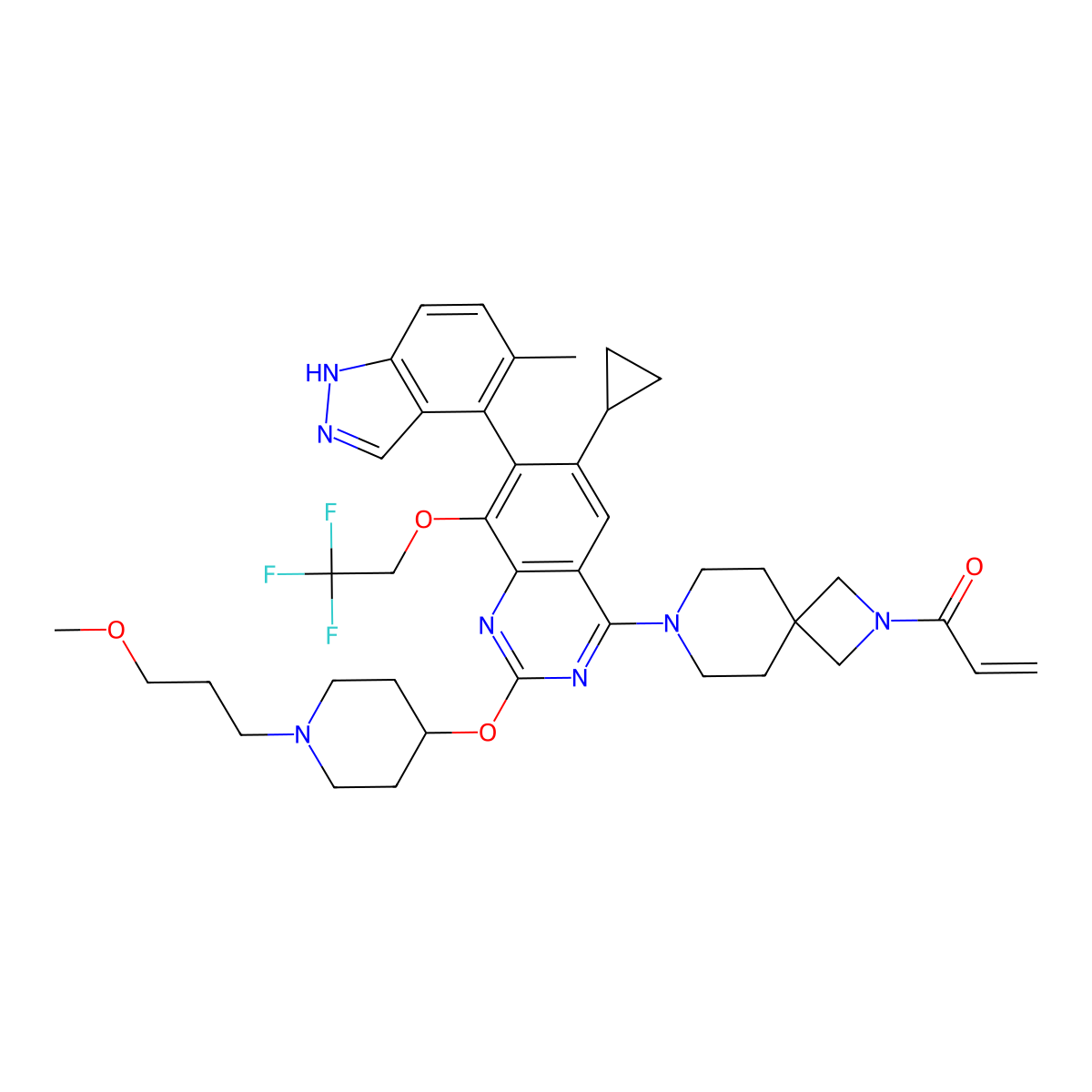 1-(7-(6-Cyclopropyl-2-((1-(3-methoxypropyl)piperidin-4-yl)oxy)-7-(5-methyl-1H-indazol-4-yl)-8-(2,2,2-trifluoroethoxy)quinazolin-4-yl)-2,7-diazaspiro[3.5]nonan-2-yl)prop-2-en-1-one molecular structure, CAS 2241719-73-1
