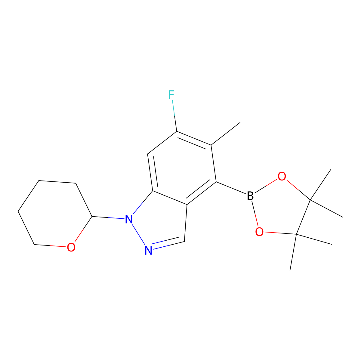 6-Fluoro-5-methyl-1-(tetrahydro-2H-pyran-2-yl)-4-(4,4,5,5-tetramethyl-1,3,2-dioxaborolan-2-yl)-1H-indazole molecular structure, CAS 2241720-68-1