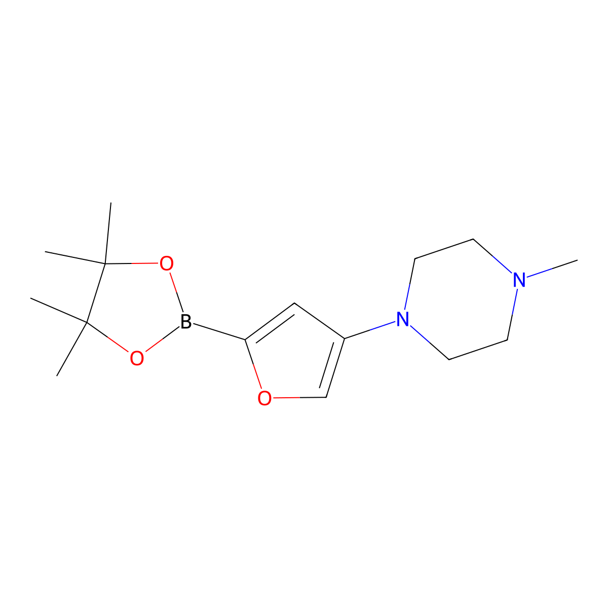 1-Methyl-4-(5-(4,4,5,5-tetramethyl-1,3,2-dioxaborolan-2-yl)furan-3-yl)piperazine molecular structure, CAS 2241865-00-7