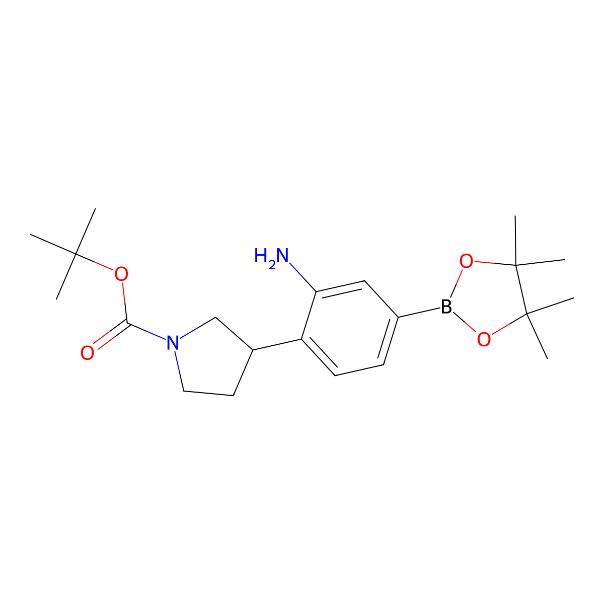 Tert-butyl 3-(2-amino-4-(4,4,5,5-tetramethyl-1,3,2-dioxaborolan-2-yl)phenyl)pyrrolidine-1-carboxylate molecular structure, CAS 2241872-40-0
