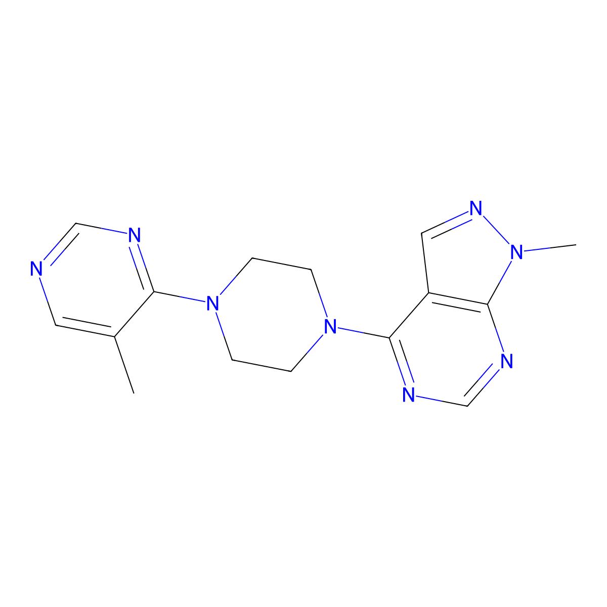 5-methyl-4-(4-{1-methyl-1H-pyrazolo[3,4-d]pyrimidin-4-yl}piperazin-1-yl)pyrimidine molecular structure, CAS 2241949-65-3