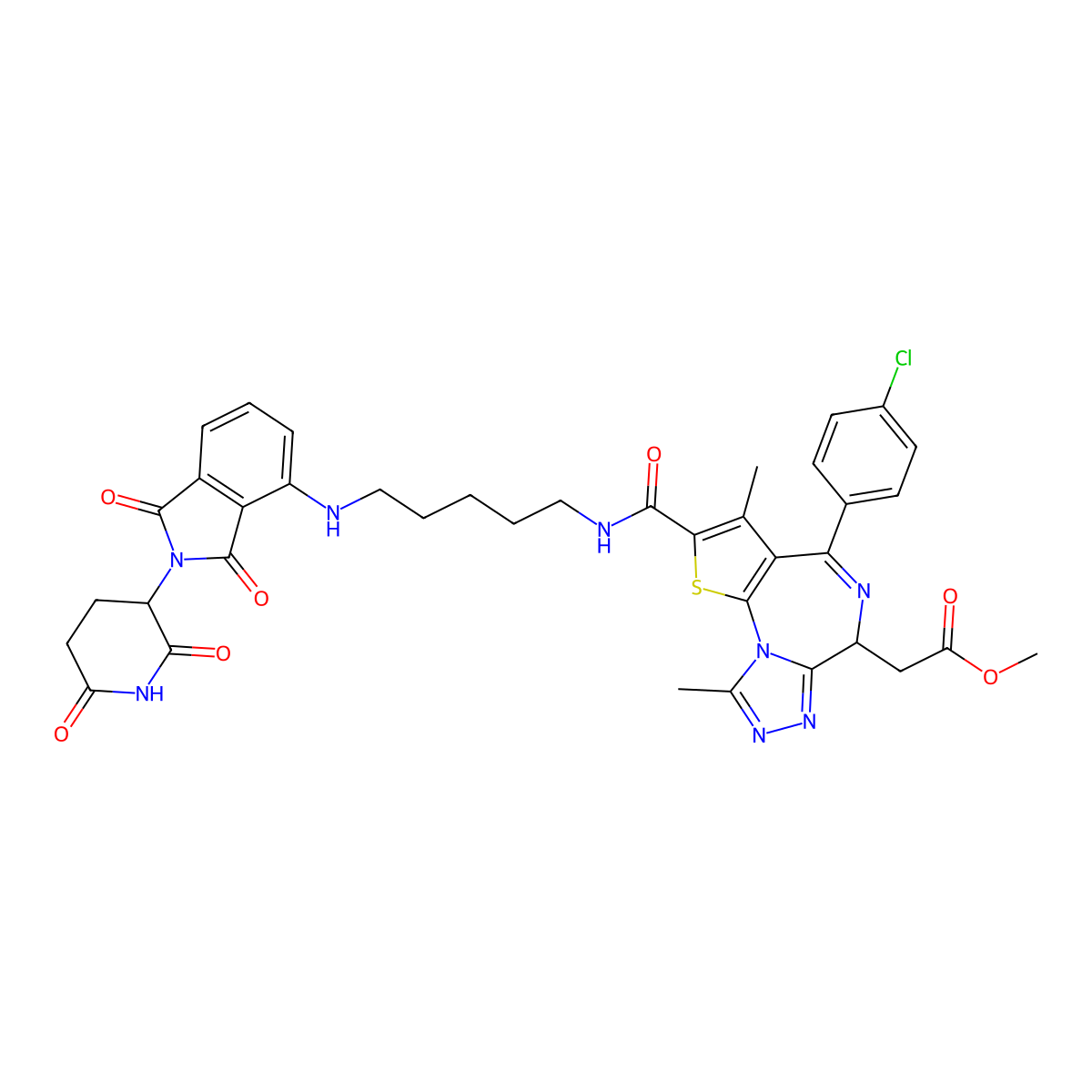 methyl 2-((6S)-4-(4-chlorophenyl)-2-((5-((2-(2,6-dioxopiperidin-3-yl)-1,3-dioxoisoindolin-4-yl)amino)pentyl)carbamoyl)-3,9-dimethyl-6H-thieno[3,2-f][1,2,4]triazolo[4,3-a][1,4]diazepin-6-yl)acetate molecular structure, CAS 2243076-67-5
