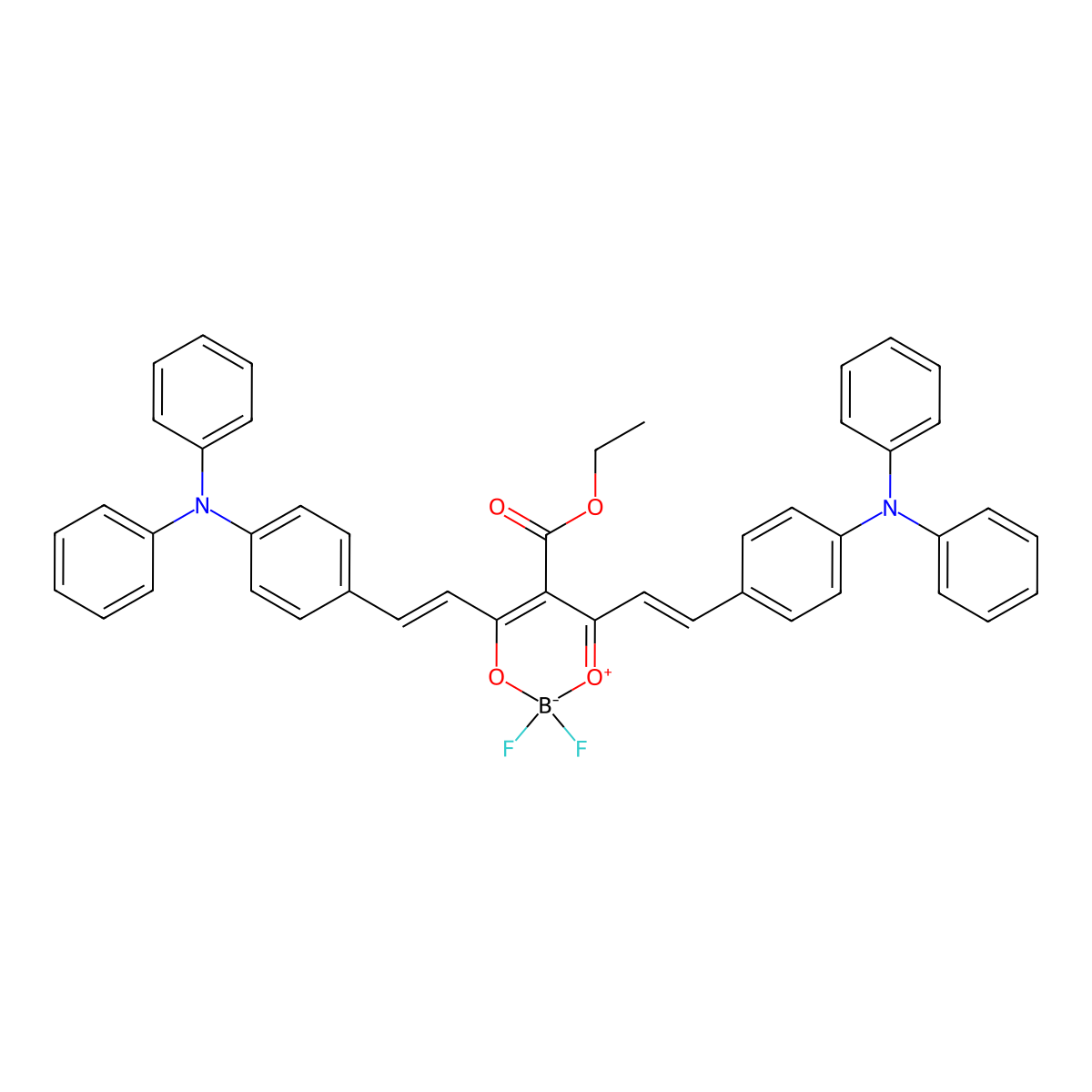 ethyl 2,2-difluoro-4,6-bis[(E)-2-[4-(N-phenylanilino)phenyl]ethenyl]-1-oxa-3-oxonia-2-boranuidacyclohexa-3,5-diene-5-carboxylate molecular structure, CAS 2243376-97-6