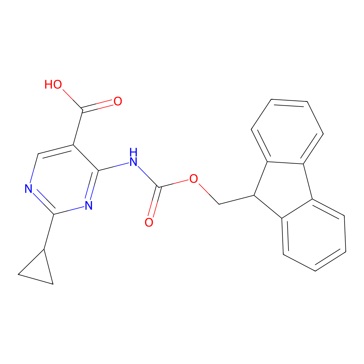 2-cyclopropyl-4-({[(9H-fluoren-9-yl)methoxy]carbonyl}amino)pyrimidine-5-carboxylic acid molecular structure, CAS 2243503-68-4