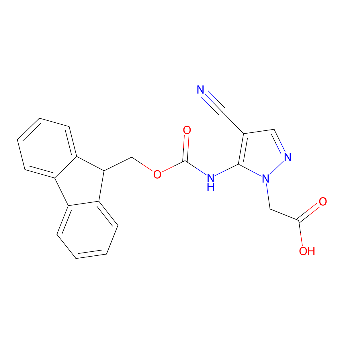 2-[4-cyano-5-({[(9H-fluoren-9-yl)methoxy]carbonyl}amino)-1H-pyrazol-1-yl]acetic acid molecular structure, CAS 2243504-73-4