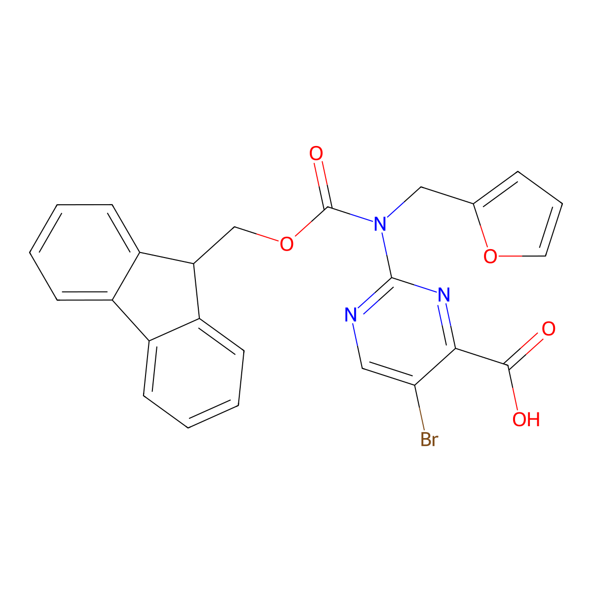5-bromo-2-({[(9H-fluoren-9-yl)methoxy]carbonyl}[(furan-2-yl)methyl]amino)pyrimidine-4-carboxylic acid molecular structure, CAS 2243506-37-6