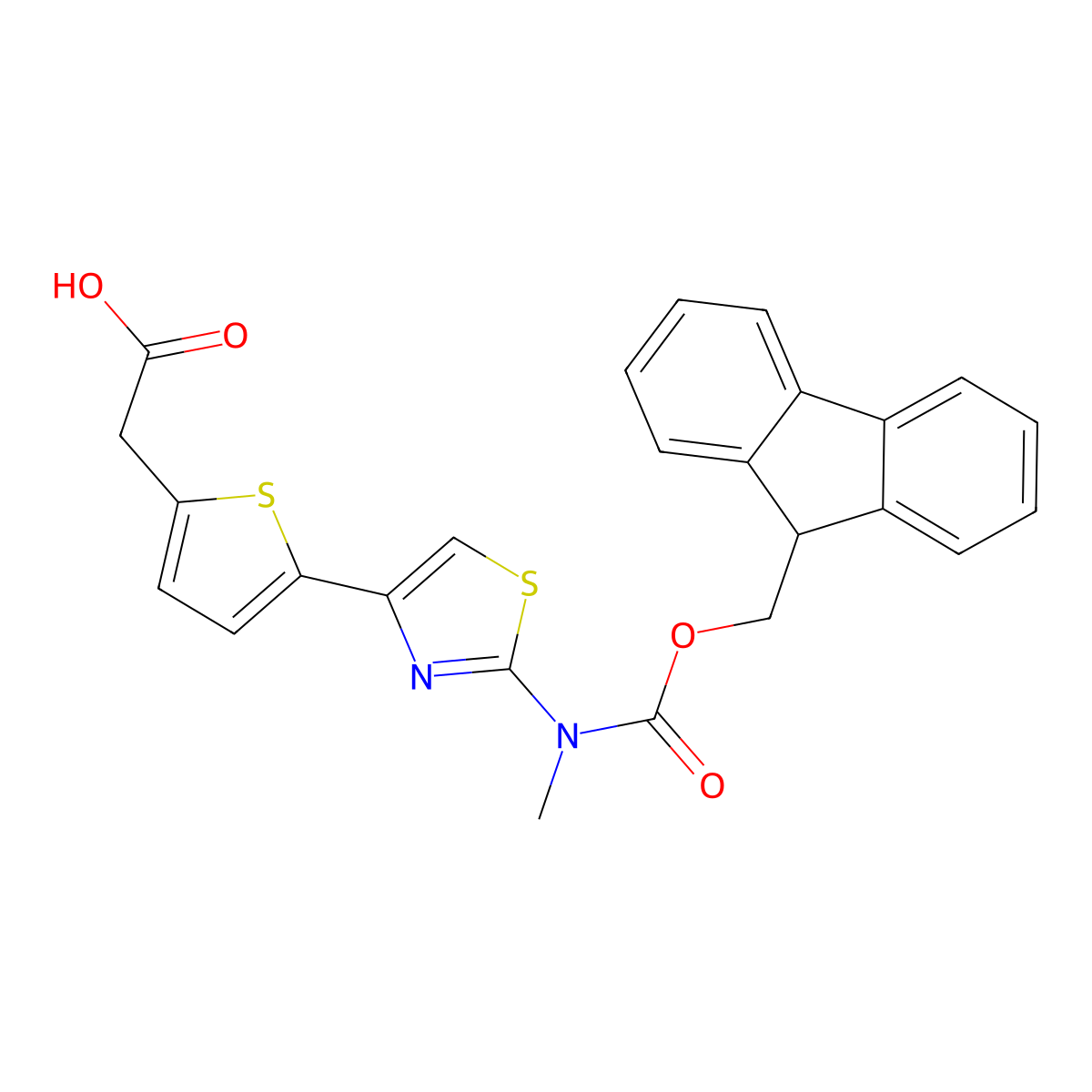 2-{5-[2-({[(9H-fluoren-9-yl)methoxy]carbonyl}(methyl)amino)-1,3-thiazol-4-yl]thiophen-2-yl}acetic acid molecular structure, CAS 2243508-03-2