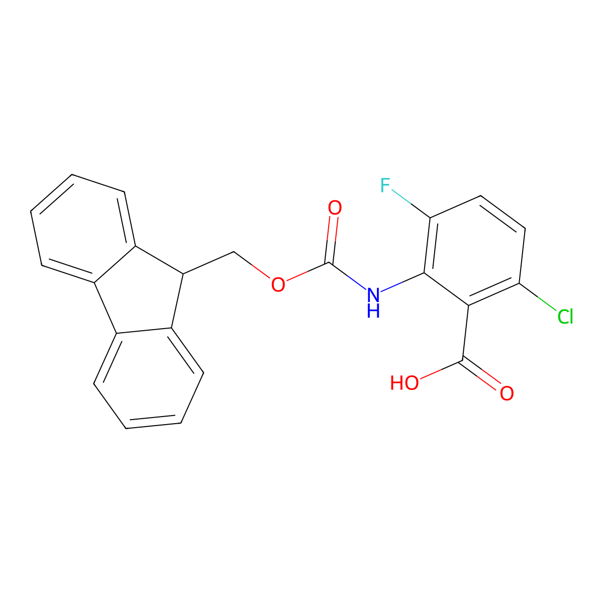 6-chloro-2-({[(9H-fluoren-9-yl)methoxy]carbonyl}amino)-3-fluorobenzoic acid molecular structure, CAS 2243508-17-8