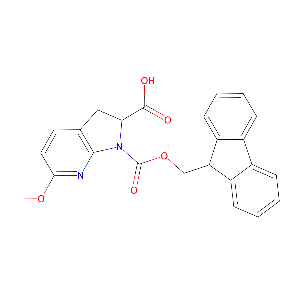 1-{[(9H-fluoren-9-yl)methoxy]carbonyl}-6-methoxy-1H,2H,3H-pyrrolo[2,3-b]pyridine-2-carboxylic acid molecular structure, CAS 2243509-16-0