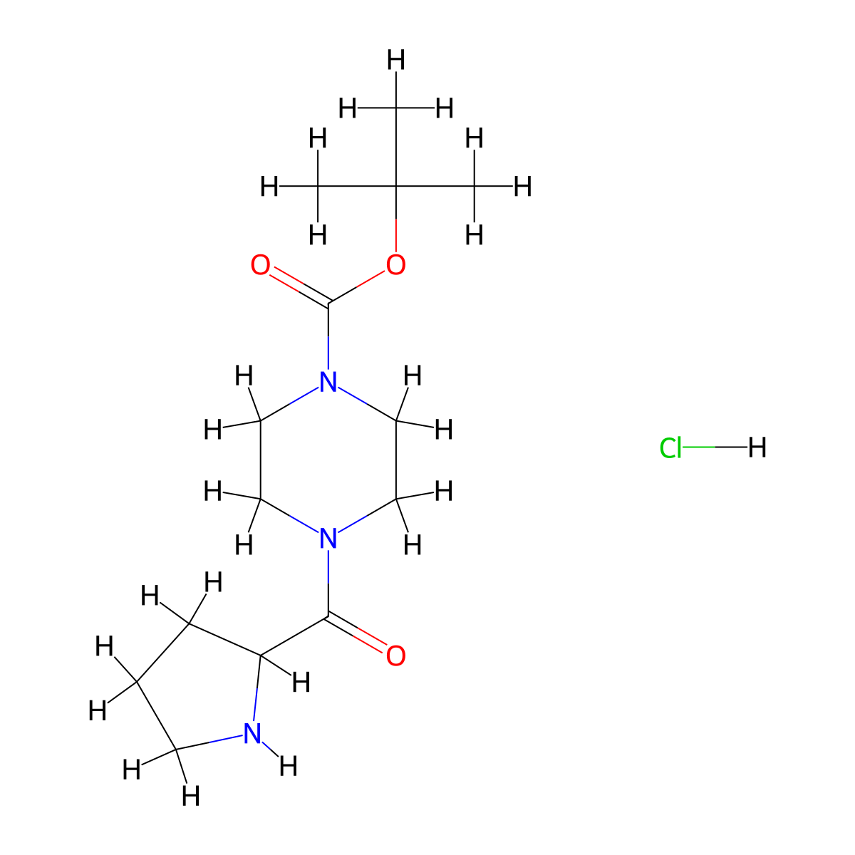 Tert-butyl 4-(pyrrolidine-2-carbonyl)piperazine-1-carboxylate hydrochloride molecular structure, CAS 2243510-06-5