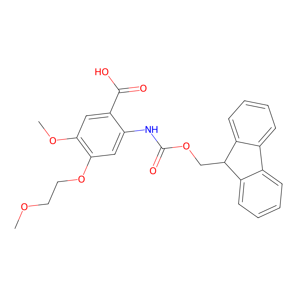 2-({[(9H-fluoren-9-yl)methoxy]carbonyl}amino)-5-methoxy-4-(2-methoxyethoxy)benzoic acid molecular structure, CAS 2243512-16-3