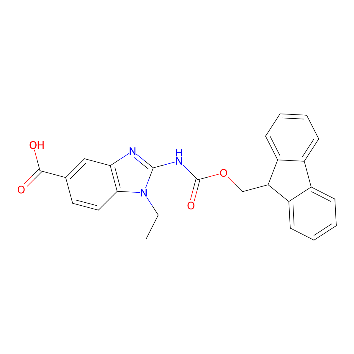 1-ethyl-2-({[(9H-fluoren-9-yl)methoxy]carbonyl}amino)-1H-1,3-benzodiazole-5-carboxylic acid molecular structure, CAS 2243512-89-0