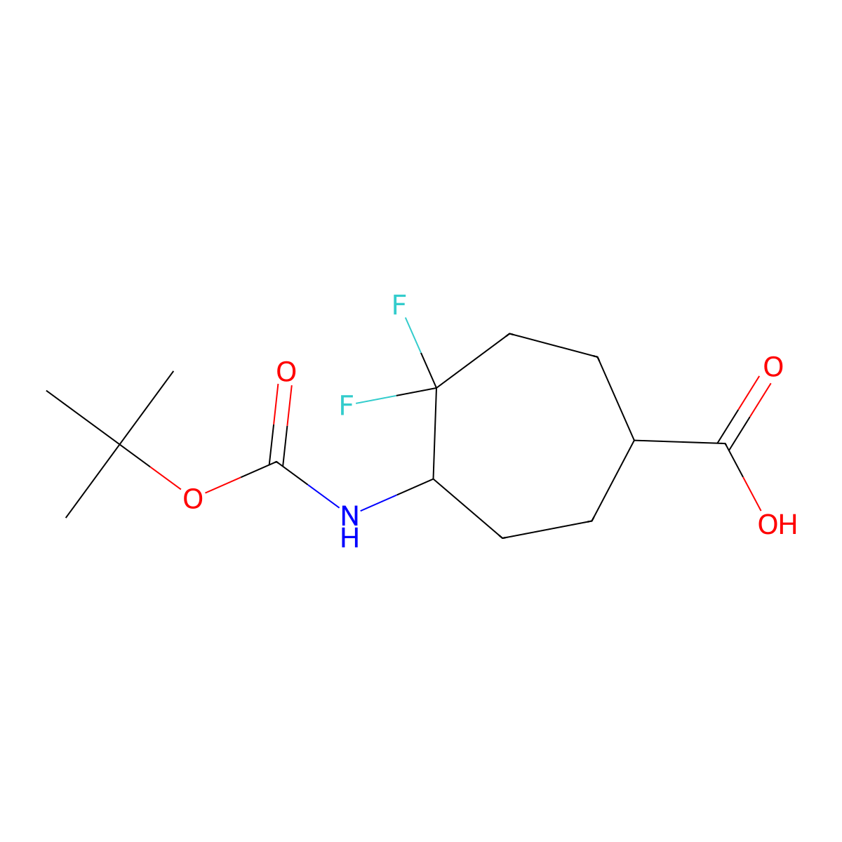 5-(((Tert-butoxy)carbonyl)amino)-4,4-difluorocycloheptane-1-carboxylic acid molecular structure, CAS 2243514-08-9