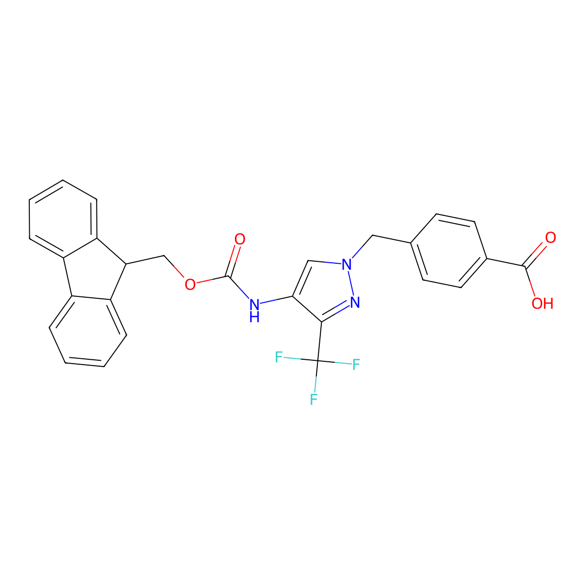 4-{[4-({[(9H-fluoren-9-yl)methoxy]carbonyl}amino)-3-(trifluoromethyl)-1H-pyrazol-1-yl]methyl}benzoic acid molecular structure, CAS 2243515-14-0