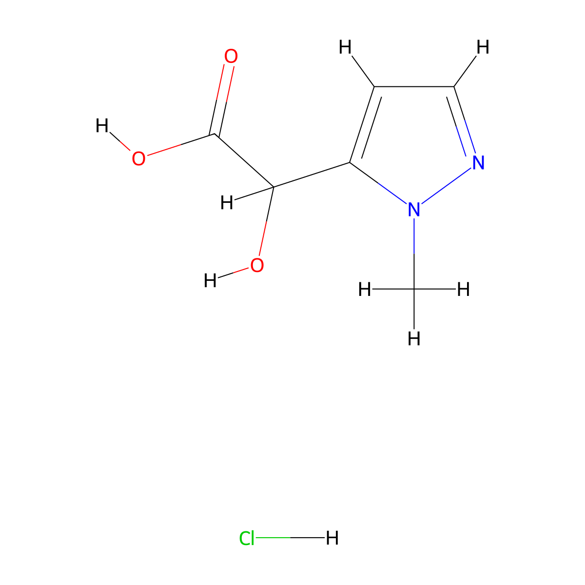 2-hydroxy-2-(1-methyl-1H-pyrazol-5-yl)acetic acid hydrochloride molecular structure, CAS 2243520-76-3